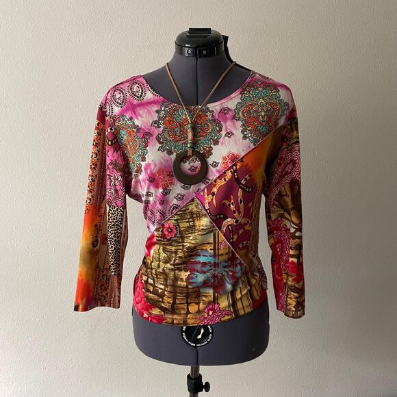 y2k vintage 00's pink paisley printed fairy boho top | size L - Picture 1 of 10